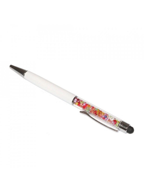 Stylus pen cu pix si cristale colorate, touch pen de culoare alba