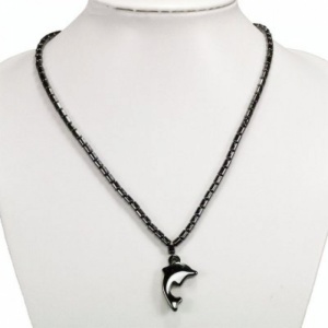 Lantisor cu pandativ din Hematit natural, cu margele din hematit, model Delfin, Negru