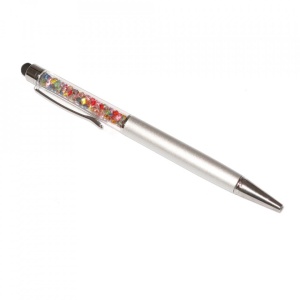 Stylus pen cu pix si cristale colorate, touch pen de culoare argintiu