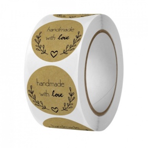 Set 500 de bucati, autocolante Hand Made with Love, diametru 25 mm, Crem