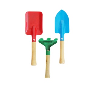 Set 3 bucati, Unelte de gradina pentru copii, metalice, manere din lemn, Multicolor