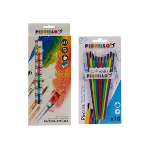 Set pictura Pincello, 12 vopsele Acrilice de 12 ml, 10 pensoane, Multicolor