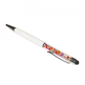 Stylus pen cu pix si cristale colorate, touch pen de culoare alba