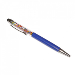 Stylus touch pen cu pix, decorat cu cristale mixte, metalic, albastru