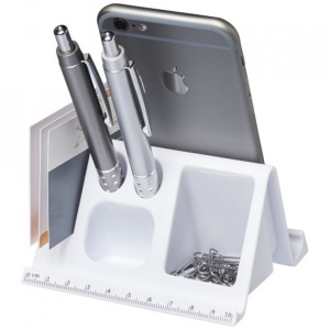 Suport de birou pentru tablete si telefoane cu orificii pentru papetarie, Alb
