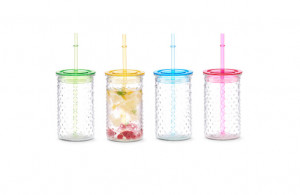 Set 4 pahare multicolore din sticla si plastic cu capac si pai 460 ml Dots Zeller