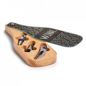 Set 3 accesorii si suport din inox si lemn pentru vin Wine Lover Zeller