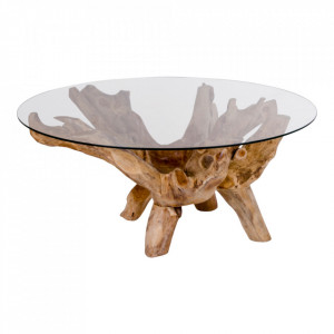 Masa cafea maro din sticla si lemn de tec 110 cm Amazonas House Nordic