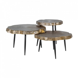 Set 3 masute de cafea aurii/negre din aluminiu si fier Buloke Richmond Interiors