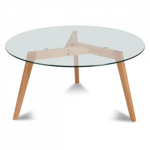 Masa cafea rotunda din lemn si sticla transparenta 80 cm Fiord Opjet Paris