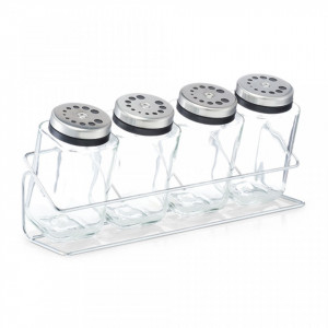 Set 4 recipiente transparente/gri cu suport din sticla si metal 190 ml Spice Rack Zeller