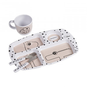 Set de masa 4 piese din melamina si plastic pentru copii Pink Dinner Done by Deer