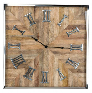 Ceas perete patrat maro/argintiu din inox si lemn 60x60 cm Aiden Richmond Interiors