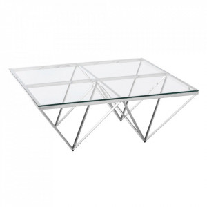Masa argintie din inox si sticla pentru cafea 105x105 cm Mexala Ixia
