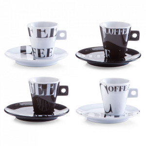 Set 4 cesti cu farfurioare albe/negre din portelan Coffee Style Zeller