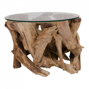 Masuta cafea maro din sticla si lemn de tec 60 cm Grand Canyon House Nordic