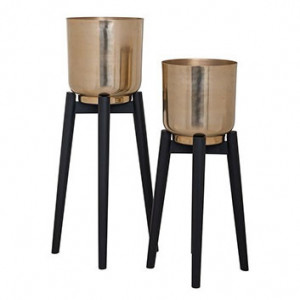 Set 2 ghivece cu suport aurii/negre din fier si lemn de mango Jalyce Richmond Interiors