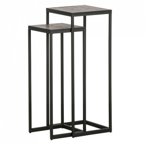 Set 2 piedestaluri maro/negre din lemn de tec si fier Vic Woood