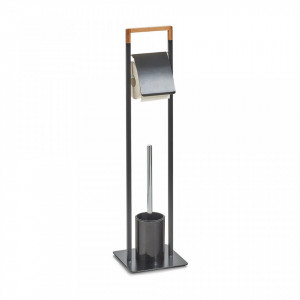 Perie toaleta cu suport hartie igienica din metal si lemn Toilet Set Bamboo Black Zeller