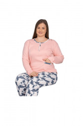 Pijama dama Battal Suprem cu maneca lunga, Imprimeu Floral, Roz
