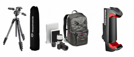 Pachet trepied foto Manfroto Compact Advanced cu suport smartphone + rucsac foto Manfrotto Modular Noreg 30 + suport smartphone Manfrotto