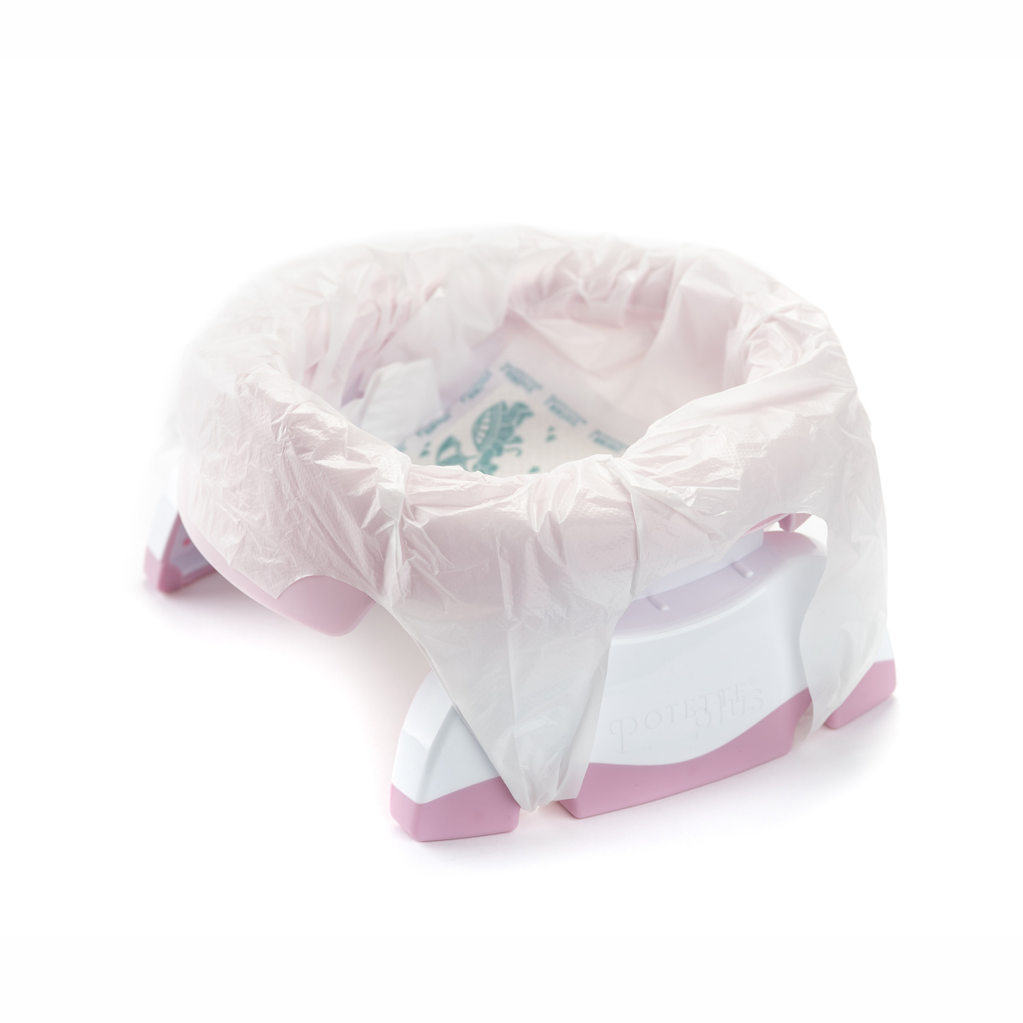 Pachet economic oliță portabilă roz-alb, liner, 10 pungi biodegradabile Potette Plus
