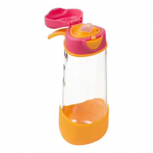 Cană din Tritan cu cioc de silicon, 600 ml, cu capac automat, +3 ani, roz cu portocaliu, B.Box