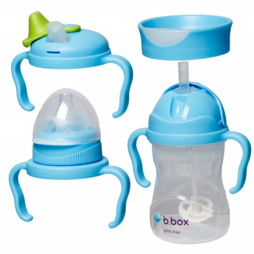 Pachet 4 în 1 cana 240 ml cu 4 accesorii pentru băut diferite (tetină, pai, cioc, antrenament), albastru, b.box