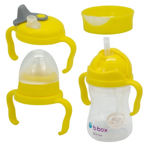 Pachet 4 în 1 cana 240 ml cu 4 accesorii pentru băut diferite (tetină, pai, cioc, antrenament), galben, b.box