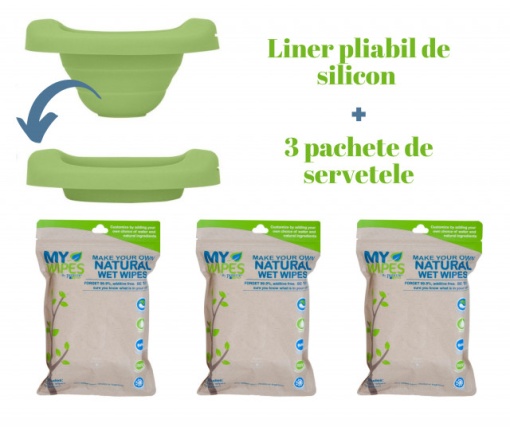 PACHET PROMO: Liner reutilizabil de silicon verde + 3 pachete Șervețele 100% naturale