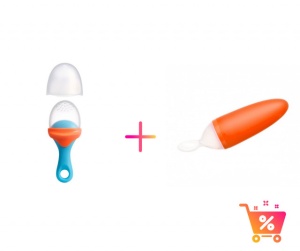 PACHET PROMO - PULP - dispozitiv de hranire din silicon culoare albastru+orange + Lingurita SQUIRT cu rezervor culoare portocaliu