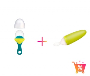PACHET PROMO - PULP - dispozitiv de hranire din silicon culoare albastru+verde + Lingurita SQUIRT cu rezervor culoare verde