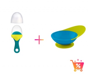 PACHET PROMO - PULP - dispozitiv de hranire din silicon culoare albastru+verde + CATCH BOWL - castron cu sistem antistropire albastru+verde