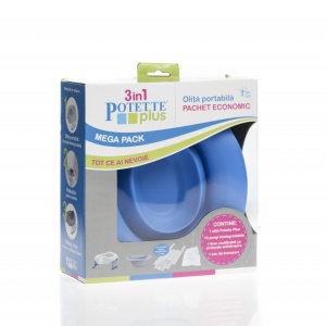 Potette Plus, Pachet Olita portabila, liner, 10 pungi biodegradabile, 700g, 14 luni+, albastra