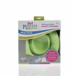 Potette Plus, Pachet Olita portabila, liner, 10 pungi biodegradabile, 700g, 14 luni+, vernil