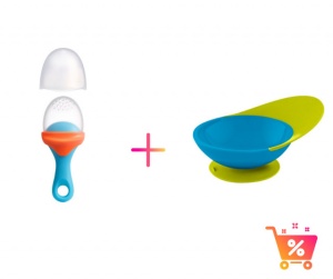PACHET PROMO - PULP - dispozitiv de hranire din silicon culoare albastru+orange + CATCH BOWL - castron cu sistem antistropire albastru+verde