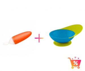PACHET PROMO - Lingurita SQUIRT cu rezervor culoare portocaliu + CATCH BOWL - castron cu sistem antistropire albastru+ verde