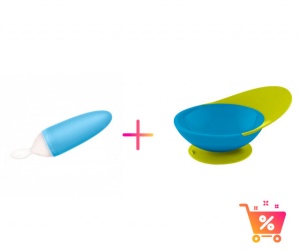 PACHET PROMO - Lingurita SQUIRT cu rezervor culoare albastru + CATCH BOWL - castron cu sistem antistropire albastru+ verde