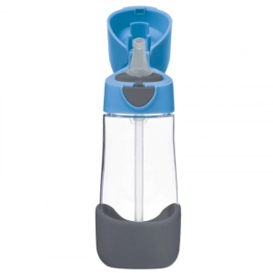 Cana din Tritan cu pai, 450 ml, cu capac automat, +9 luni, albastru cu gri, B.Box