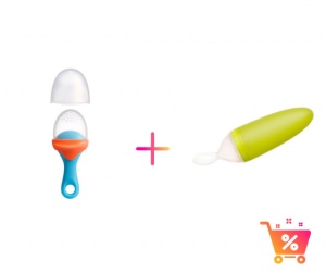 PACHET PROMO - PULP - dispozitiv de hranire din silicon culoare albastru+orange + Lingurita SQUIRT cu rezervor culoare verde