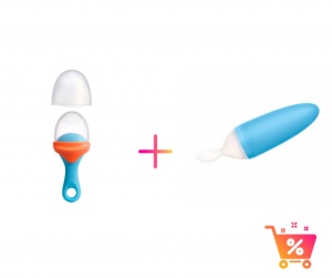 PACHET PROMO - PULP - dispozitiv de hranire din silicon culoare albastru+orange + Lingurita SQUIRT cu rezervor culoare albastra