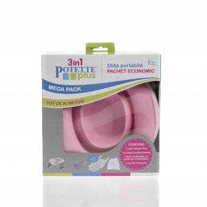 Potette Plus, Pachet Olita portabila, liner, 10 pungi biodegradabile, 700g, 14 luni+, roz+alb