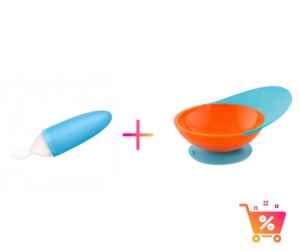 PACHET PROMO - Lingurita SQUIRT cu rezervor culoare albastru + CATCH BOWL - castron cu sistem antistropire albastru+ portocaliu