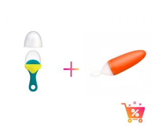 PACHET PROMO - PULP - dispozitiv de hranire din silicon culoare albastru+verde + Lingurita SQUIRT cu rezervor culoare portocaliu