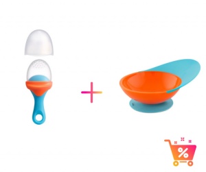 PACHET PROMO - PULP - dispozitiv de hranire din silicon culoare albastru+orange + CATCH BOWL - castron cu sistem antistropire albastru+portocaliu