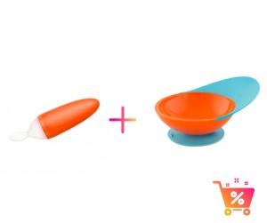 PACHET PROMO - Lingurita SQUIRT cu rezervor culoare portocaliu + CATCH BOWL - castron cu sistem antistropire albastru+portocaliu