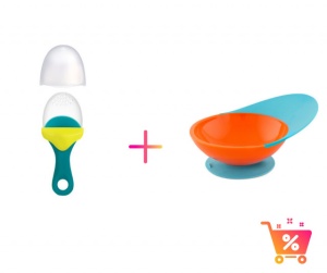 PACHET PROMO - PULP - dispozitiv de hranire din silicon culoare albastru+verde + CATCH BOWL - castron cu sistem antistropire albastru+portocaliu