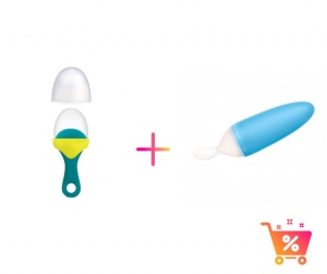 PACHET PROMO - PULP - dispozitiv de hranire din silicon culoare albastru+verde + Lingurita SQUIRT cu rezervor culoare albastra