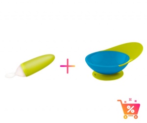 PACHET PROMO - Lingurita SQUIRT cu rezervor culoare verde + CATCH BOWL - castron cu sistem antistropire albastru+ verde