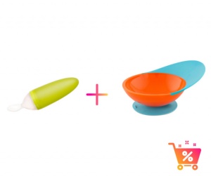 PACHET PROMO - Lingurita SQUIRT cu rezervor culoare verde + CATCH BOWL - castron cu sistem antistropire albastru+ portocaliu